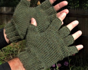 Half Finger Gloves Men's Moss Green Pure Baby Alpaca Half Finger Gloves Hand Knit Green Hand Warmers Men's Baby Alpaca Half Finger Gloves