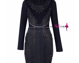 Black Long Sleeve Beaded Dress