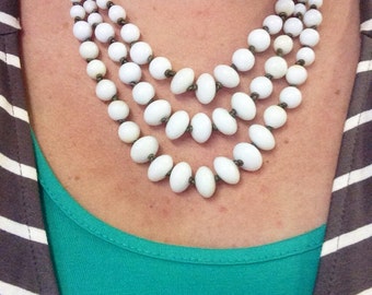 White Milk Glass Necklace Knotted Metallic Gold