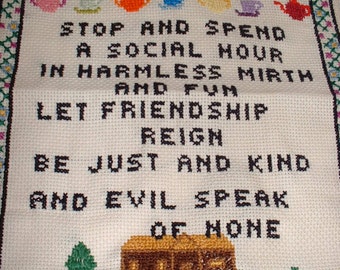 FRIEND'S Welcome Finished Completed Counted Cross Stitch Motto SAMPLER 10 x 13 Vintage