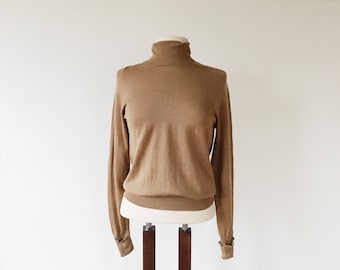 Vintage Tan Cotton Silk Sweater - Camel Brown Turtleneck