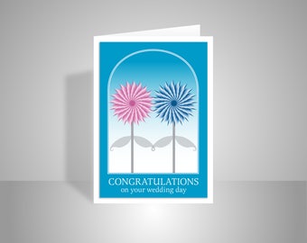 Wedding day congratulations card, bride and groom card wedding card, pink blue flowers in love add personalised name & message
