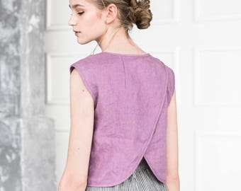 Linen crop top. Linen tank top. Summer top. Flax top. Sleeveless croptop. Casual top. Linen split back top. Stylish blouse. Trendy crop tops