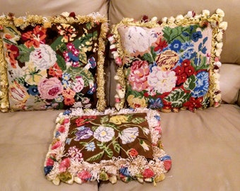 Three Beautiful, Vintage, Needlepoint Pillows with Silky Tassels and Down Feather Stuffing