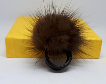 Brown furry ring, demy buff Mink pompom ring, Mink finger ring with genuine leather.Real fur ring