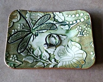 Ceramic Trinket Dish damask dragonfly Moss Green edged in gold