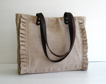 Sale - Natural Color Linen Tote, handbag, purse, shoulder bag, ruffles, messenger, pleats, durable - Sweety