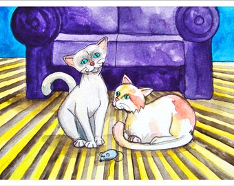 Downloadable Print, Two cats and a mouse, Color Pencils