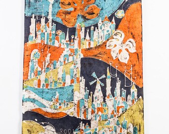 Mid Century Modern Tapestry Wall Hanging Tie Dye Batik Canvas Original Art Artwork Large 60" M Scandanavian Orange Blue Green Abstract