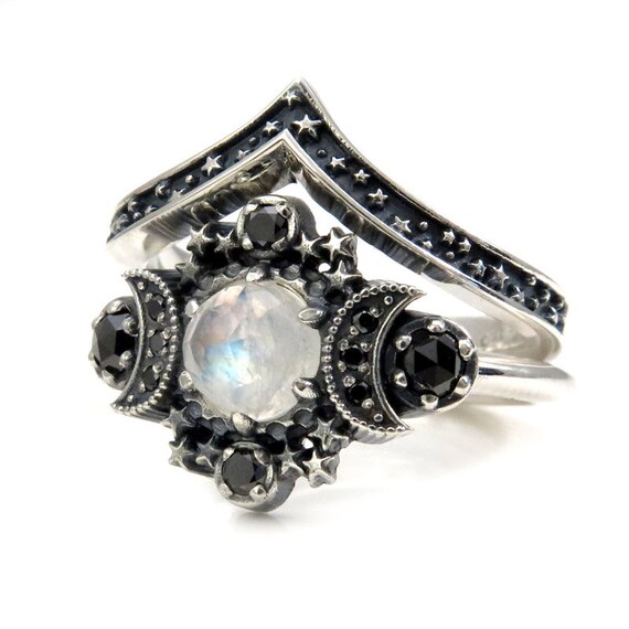 Rainbow Moonstone Cosmos Moon Engagement Ring Set - Sterling Silver