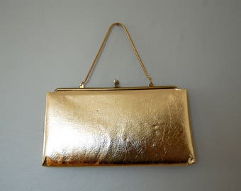 Vintage 1960s Metallic Gold Handbag / Clutch / with Snake Chain and Black Interior Lining / Evening Bag