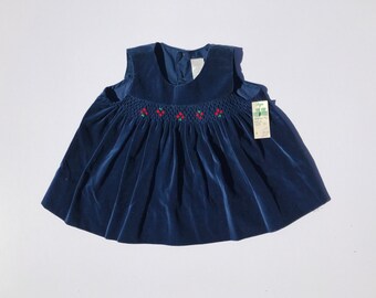 Vintage Blue Velvet Smocked Baby Girl Dress 18 months