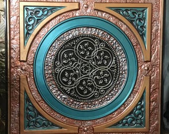 Ceiling Tile, painted metalic copper, bronze & turquoise. Steampunk Victorian Art - 26" x 26" finished size, faux tin.