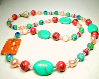 Pink Blue Aqua Glass Beads & Fresh Water Pearls Necklace, OOAK by Rachelle Starr