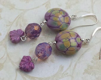 Purple Lentil Lampwork Earrings, Great Opalescent or Fire Faceted Crystal, Purple Maple Leaf NE183