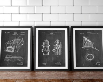 Fireman Patent Posters Group of 3, Fire Truck Wall Art, Firefighter Nursery, Fireman Helmet, Firefighter Wall Decor, Fire Engine, PP1156