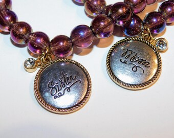 Purple Gold Iridescent Beaded Bracelet with Charm