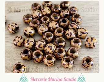 5 wooden beads beautiful leopard printed 10x8mm