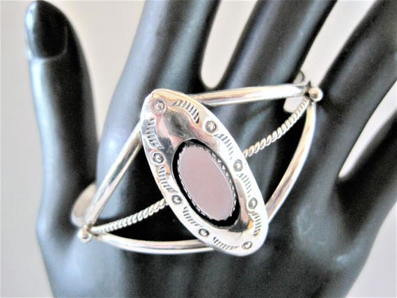 Sterling Bracelet, Native American Symbols, Mother of Pearl Setting, Old Pawn Cuff Bracelet