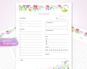 PRINTABLE DAILY PLANNER Editable Fields, To Do List Watercolor Wild Flowers Gratitude Daily Affirmations To-dos Track Water Food Exercise