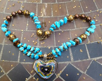 Chunky Turquoise Gemstone Statement Necklace, Bracelet & Earrings Set.. Glass.. Copper..Gemstone Beads...Large Glass Heart Pendant - N036