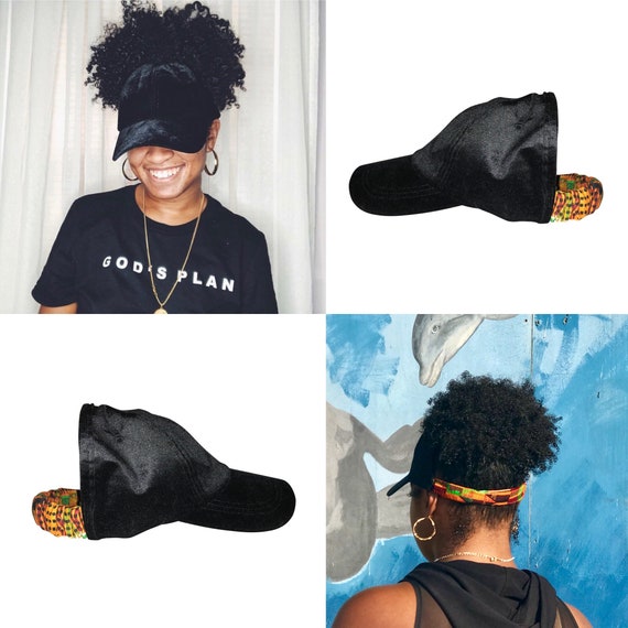 Natural Hair Hats, Black Velour dad hat, Protective Styles Hats, Wakanda, African Kente Cloth Fabrics, Afro Hair Care, Kinky Curly Hair