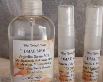 New DMAE MSM Toner SERUMS Moisturizing Hydrating Organic Vegan Toner Serum 3 Choices - Argireline 30% - Hyaluronic Acid 20 - Vitamin C 20