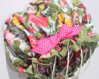 Ladies Designer Shower Cap; Botanical Butterflies and Pink Roses; Red & White Gingham Check Pattern Plastic Lining; Pink Grosgrain Ribbon