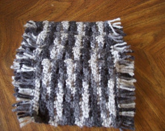 Raider Mug Rugs, Set of Four, Crocheted, Gray, Measures 8 inches by 4 inches.