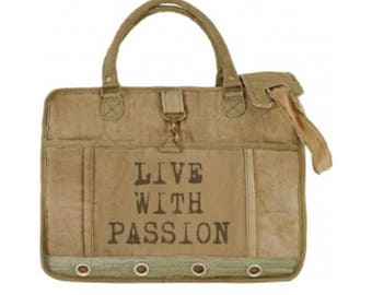Live with Passion Laptop Messenger Bag Tote Recycled Military Canvas Eco Friendly