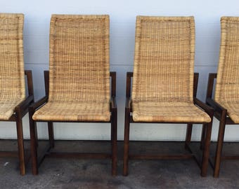 Modern Rattan and Wood Set of Chairs