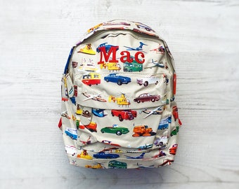 Personalised Kids Cars & Aeroplanes Mini Backpack - Custom Boys Children's School Bag - Embroidered Name