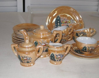 vintage Miniature Lustreware Tea Set - service for 5 - Winter Wonderland scene