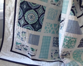 NEW! Happy Birds Patchwork Baby Quilt in Blues and Aquas