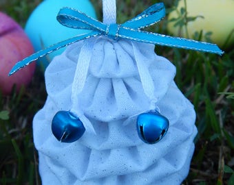 Glittery White Yo Yo Egg Ornament with Turquoise Bow and Bells