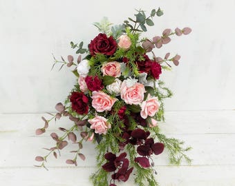 Cascading bridal bouquet burgundy peach pink ivory woodland artificial silk flowers rose orchid rustic boho wedding cascade wildflower