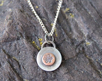 Mixed Metal Pendant Necklace, Stamped Silver Necklace, Hand Stamped Silver, Sterling Silver Necklace, Mixed Metal Necklace