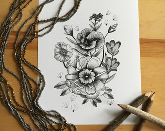 Flower Ink Drawing, Floral Art Print #2 - 8x10