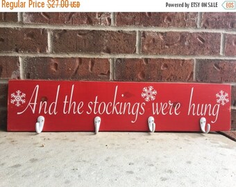 Stockings holder, stockings were hung red white, red stocking hooks, stocking hanger, Christmas decor, holiday decor, wood winter decor, red