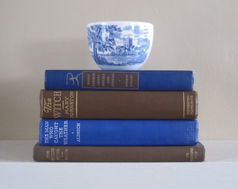 Blue and Brown Decorative Books, Vintage Book Bundle, Shabby Book Collection, French Country Decor, Blue Decor, Farmhouse Books