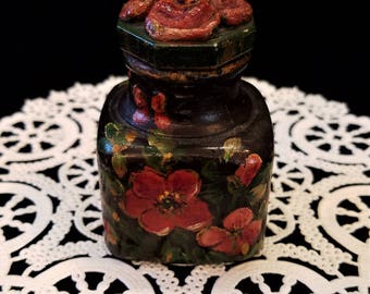 Vintage Antique Hand Painted Glass Ink Bottle, Glass Inkwell, Red Flowers, Gesso Composite Ink Bottle, Unusual Decorated Glass Ink Bottle