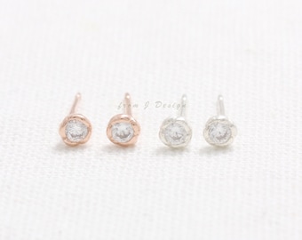 Sterling Silver Tiny CZ Natural Bezel Stud Earrings