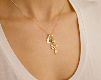 Rose Necklace with initial - Rose Pendant Necklace - Rose charm necklace -Mother Necklace - personalized Necklace for women - Rose Charm