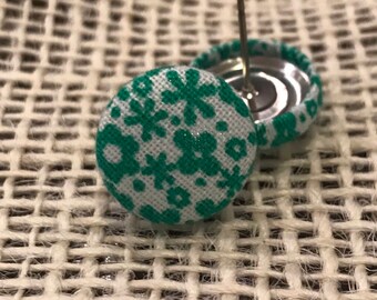 Green and white fabric button earrings!