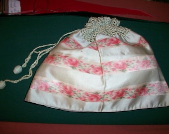 Watered silk antique authentic ribbon work in a sweet bag 1920