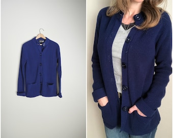 vintage 70s acrylic navy blue cardigan sweater with pockets -- womens small