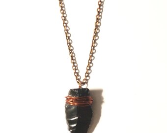 Obsidian arrowhead copper wire wrapped pendant