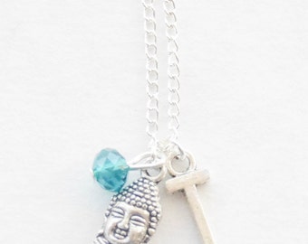 Tibetan Necklace, Tiny Buddha Necklace, Charm Necklace, Silver Necklace, Zen Necklace, Yoga Jewelry, Birthstone Necklace, Birthstone Gift