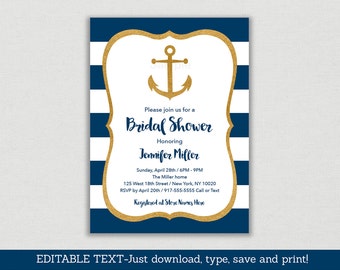 Nautical Bridal Shower Invitation / Anchor Bridal Shower Invite / Nautical Bridal Shower / Navy & Gold / Editable PDF INSTANT DOWNLOAD B101