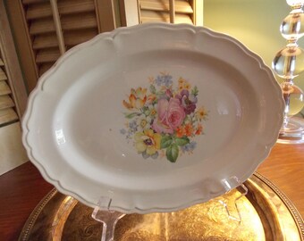 Platter - Vintage Oval CHINA SERVING PLATE Edwin M. Knowles China Company, Pastel Floral Design